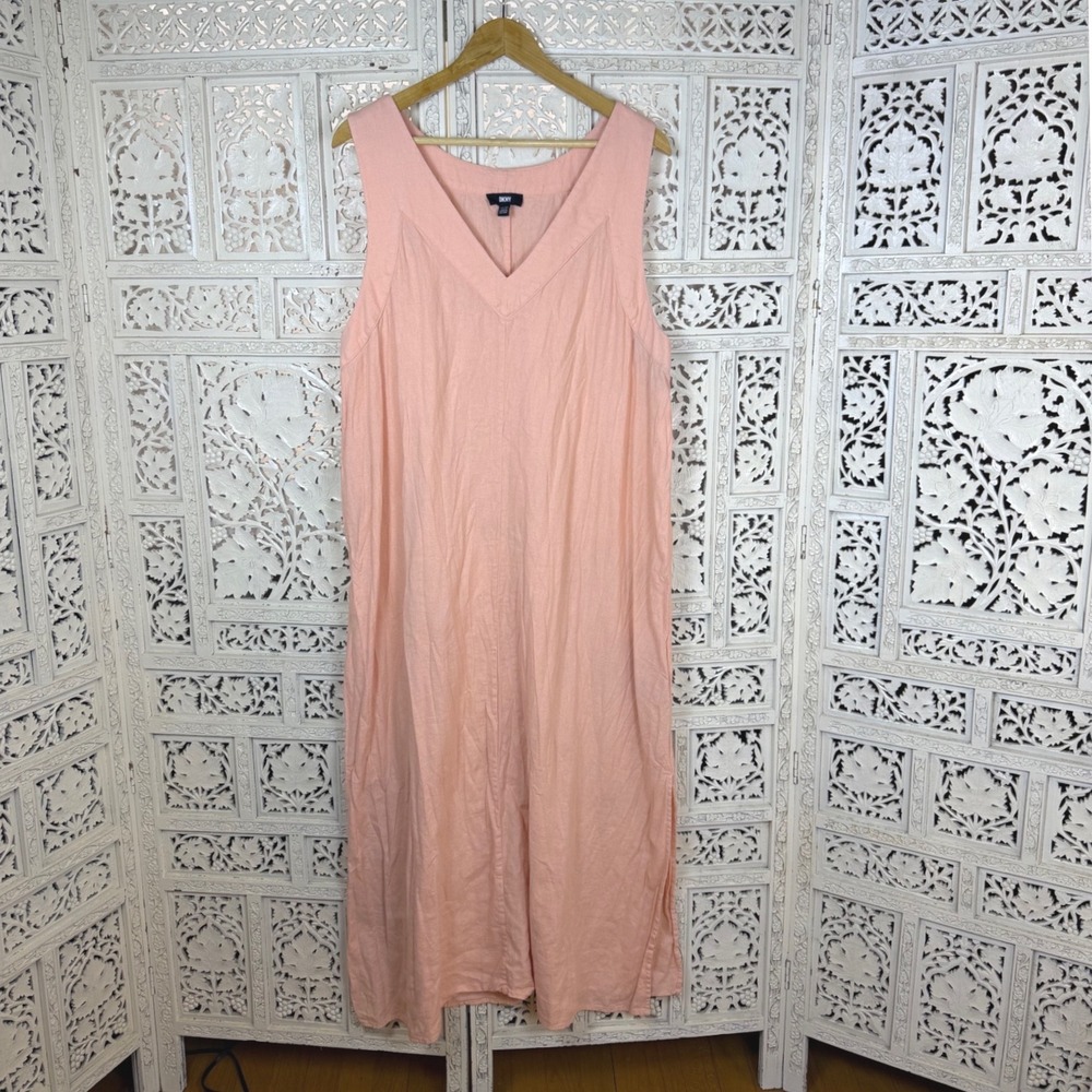 DKNY Peach Linen Blend Maxi Dress‎ Sz XXL Lagenlook Coastal Beachy V Neck